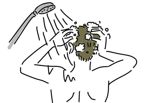 頭を洗っている男性のイラスト
