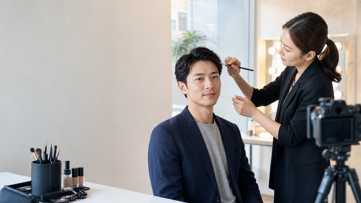 大阪でヘアメイク付きプロフィール写真の撮影準備をする男性とスタジオ