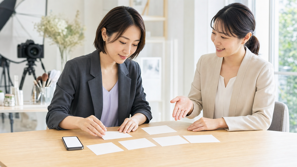 写メ日記のAIプロンプトへ渡す材料をカードで整理する女性とスタッフ