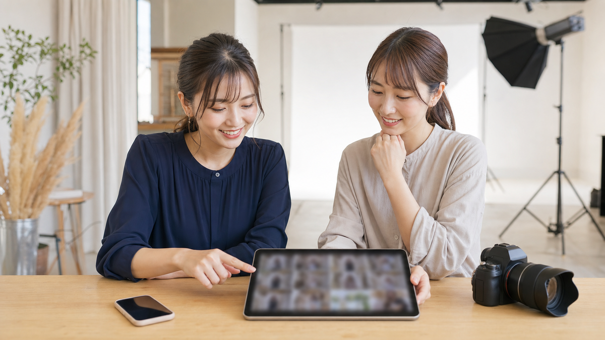 写メ日記に使う撮影写真をタブレットで確認する女性とフォトグラファー