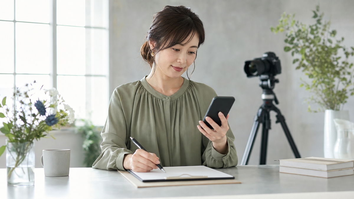 AIで作った写メ日記の下書きをスマートフォンとノートで確認する女性