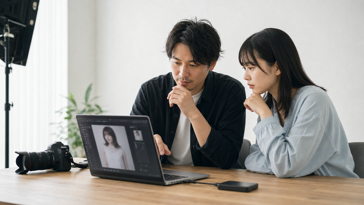 オーディション写真のファイルを提出前に確認する女性