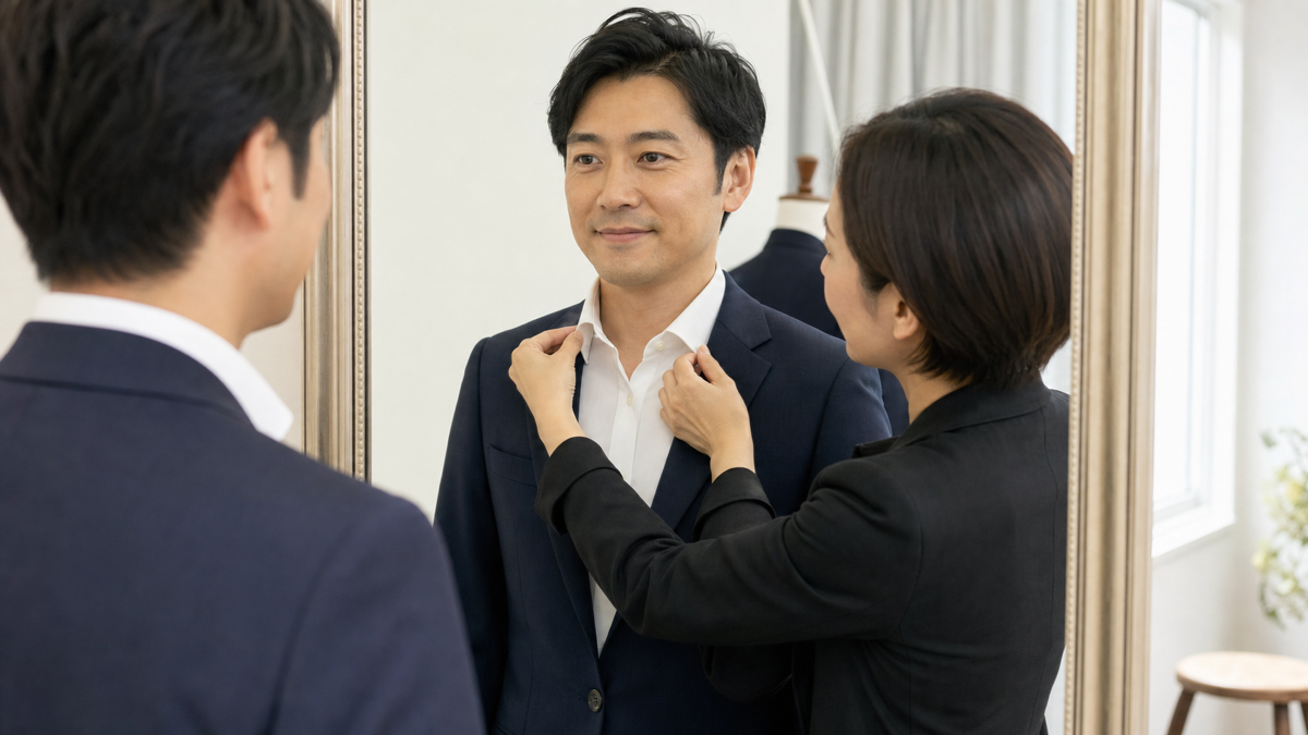 鏡の前で婚活写真用シャツの襟とジャケットを整える男性