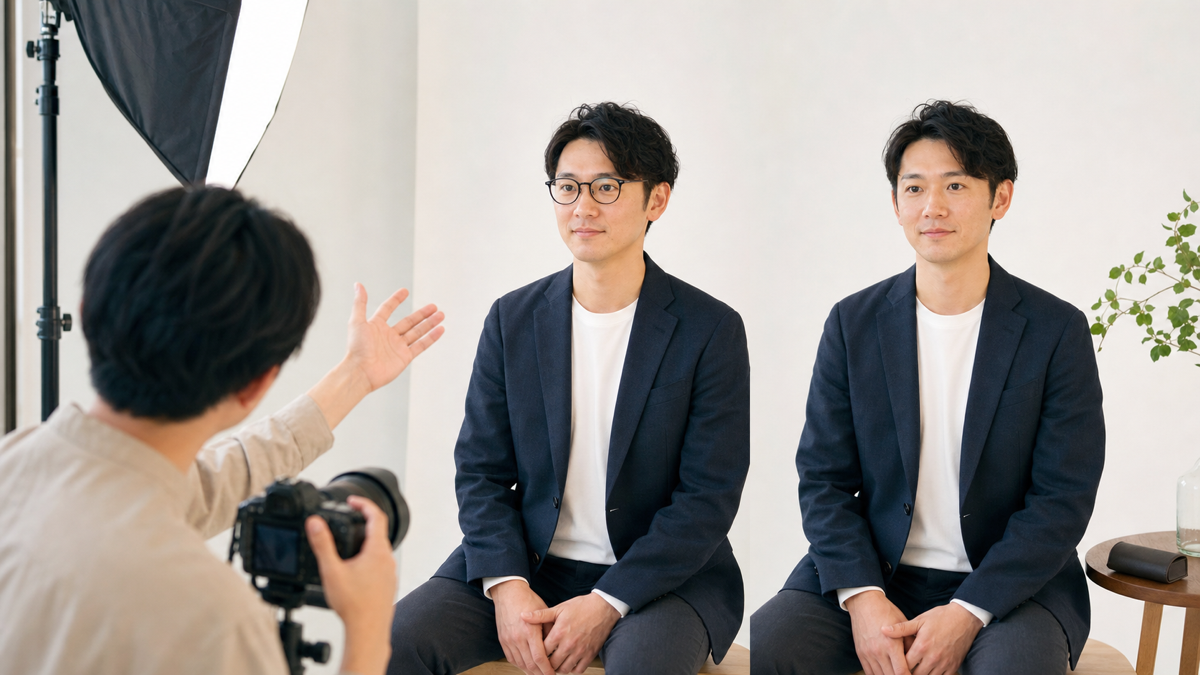 婚活写真でメガネあり・なしを同じ条件で比較する撮影