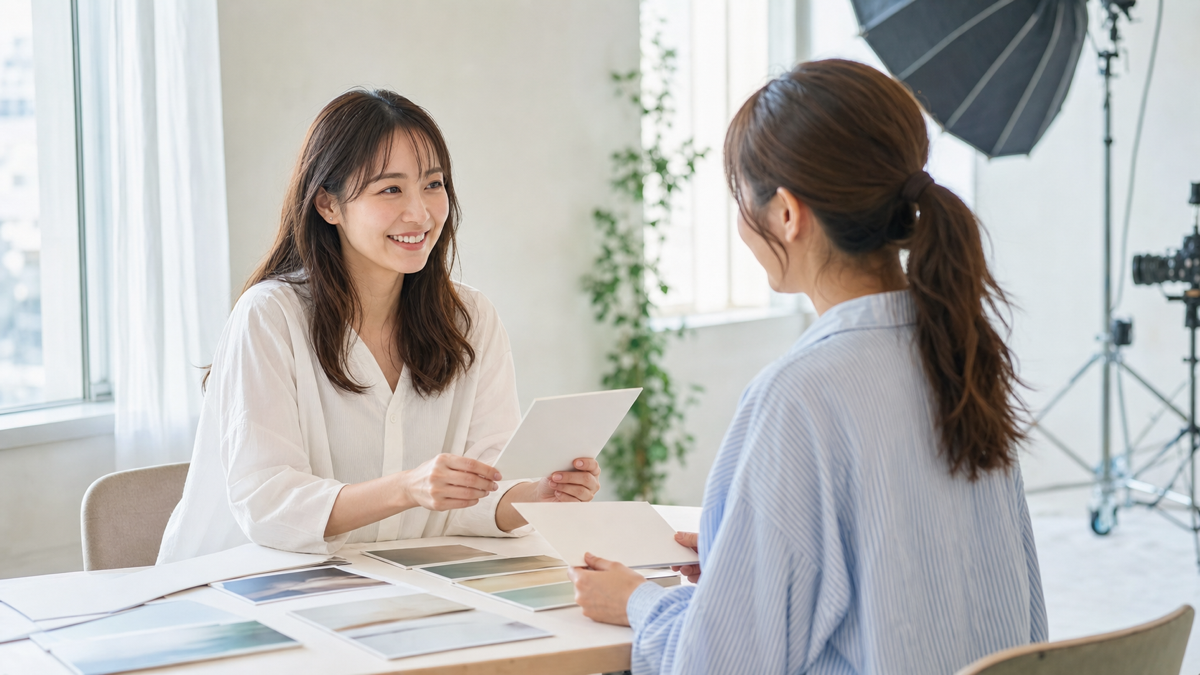 大阪の写真スタジオでパネル撮影の希望を相談する女性