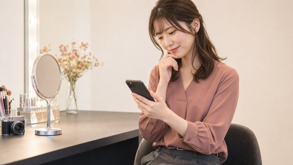 写メ日記の出勤前例文をスマートフォンで選ぶ女性
