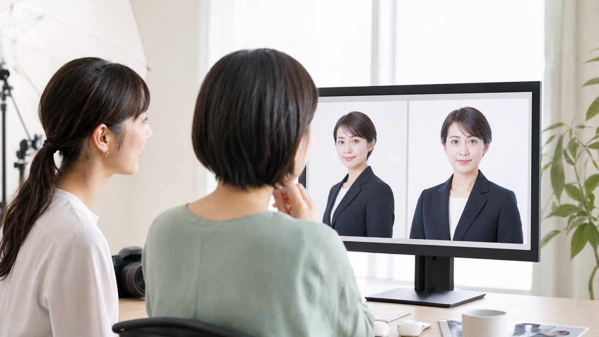 表情と目線を比較してベスト写真を選ぶ女性