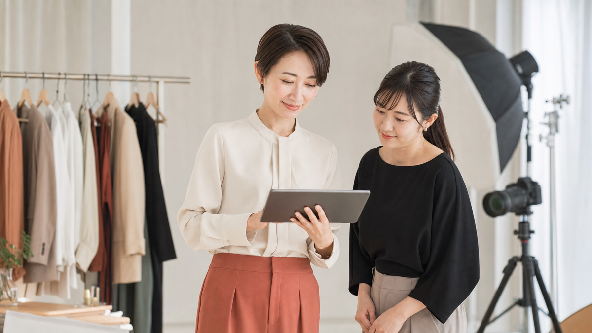 選定したプロフィール写真をタブレットで確認する女性