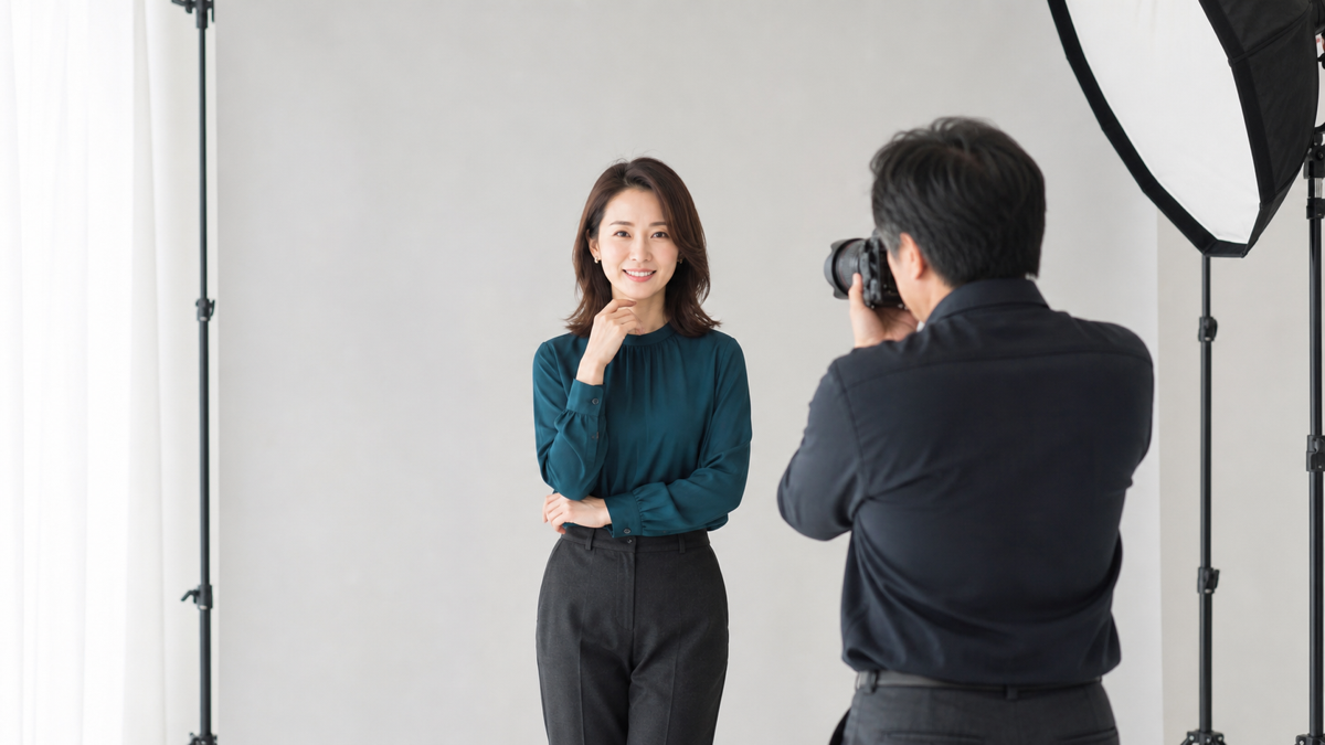 ヘアメイク後に明るいスタジオでパネル撮影をする女性