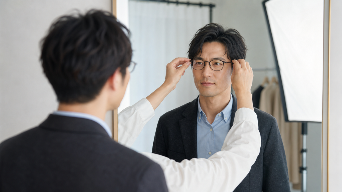 婚活写真の撮影前にメガネのフレームと反射を確認する男性