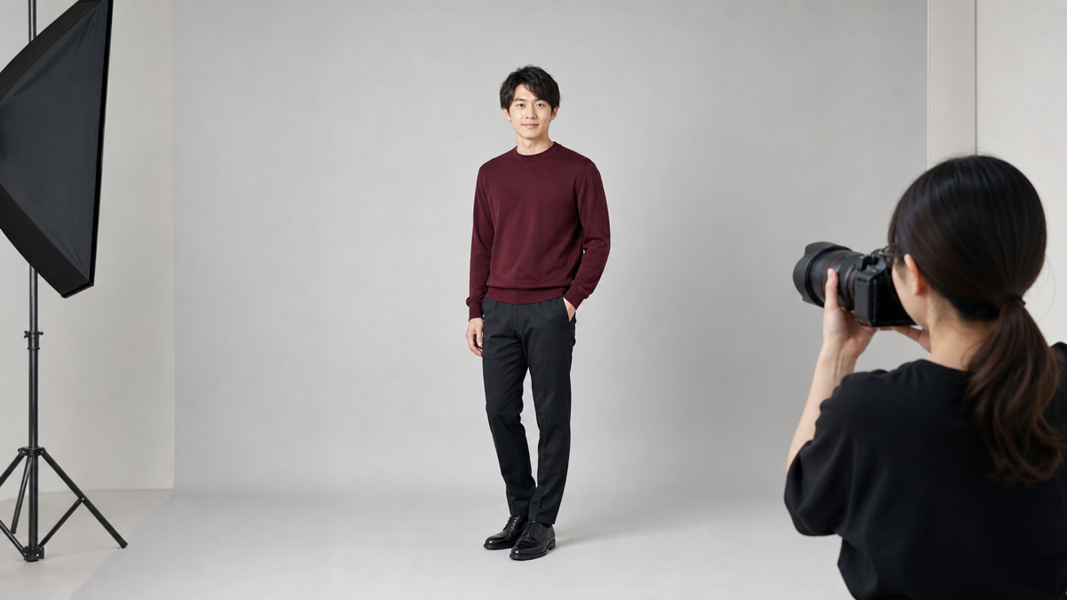 全身と余白を入れてオーディション写真を撮影する男性