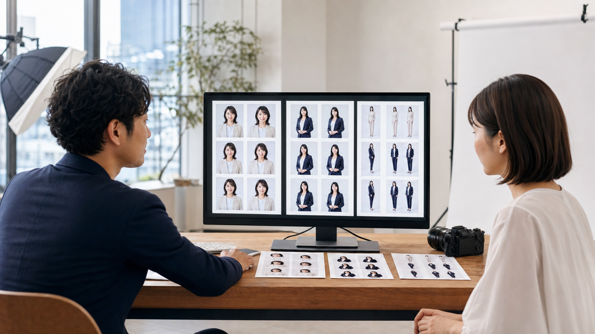 顔写真と上半身と全身の撮影データを用途別に整理する様子