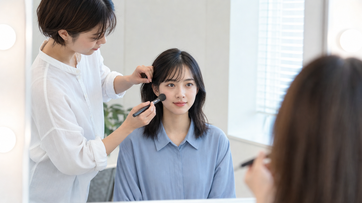 オーディション写真の撮影前に自然なヘアメイクを受ける女性