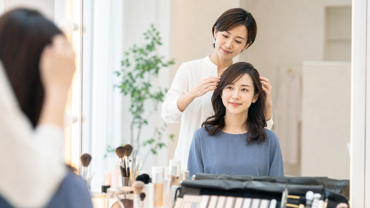 パネル撮影前にヘアメイクを整える女性とスタイリスト
