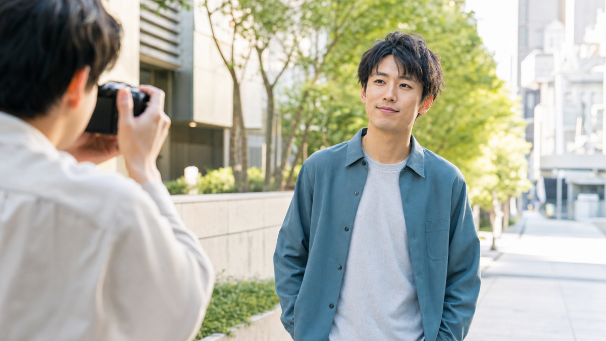 大阪の街なかでマッチングアプリ用プロフィール写真を撮る男性