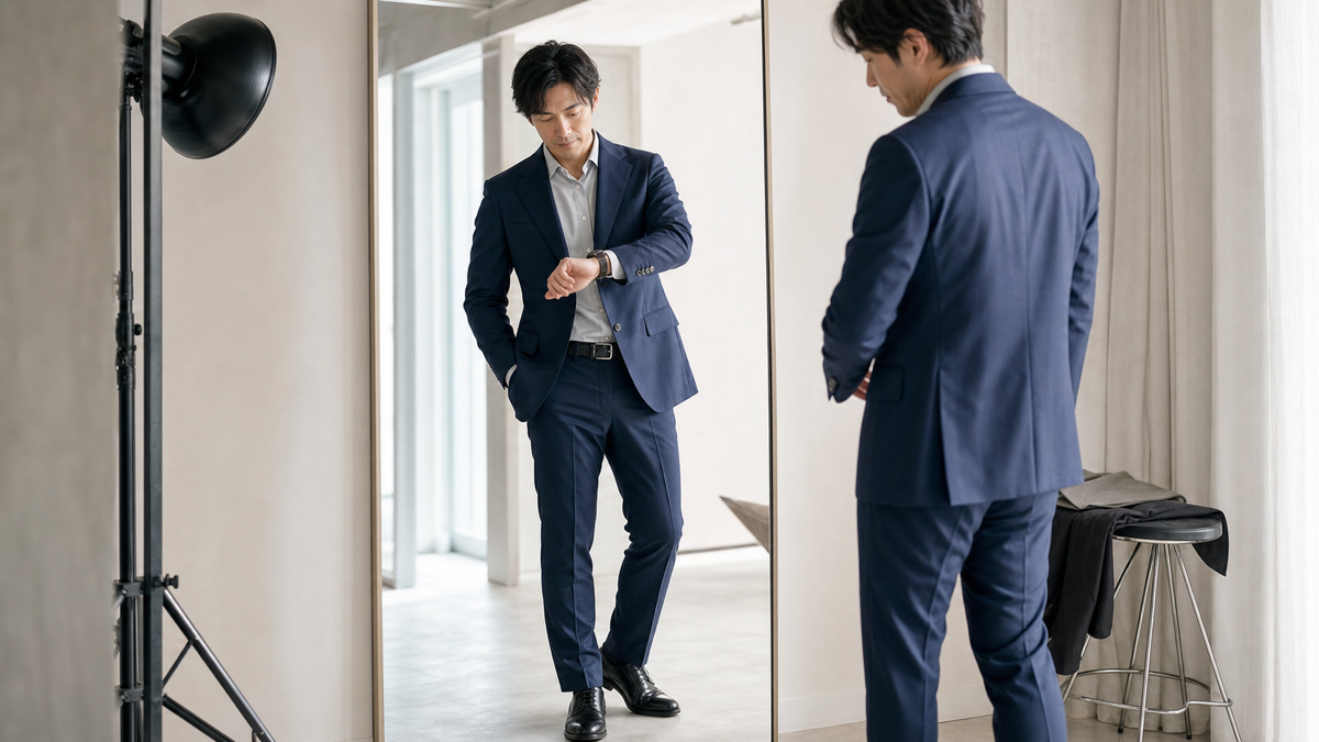 鏡の前で婚活写真用の時計とベルトと靴の統一感を確認する男性