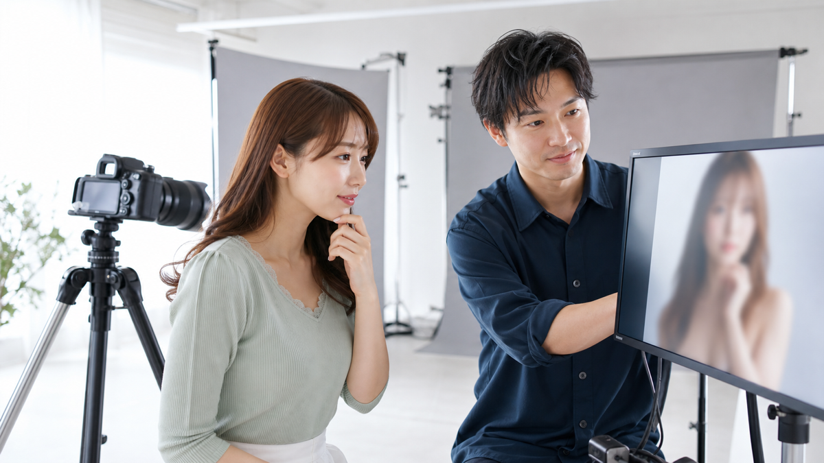 写メ日記に使う出勤前写真を撮影スタッフと確認する女性