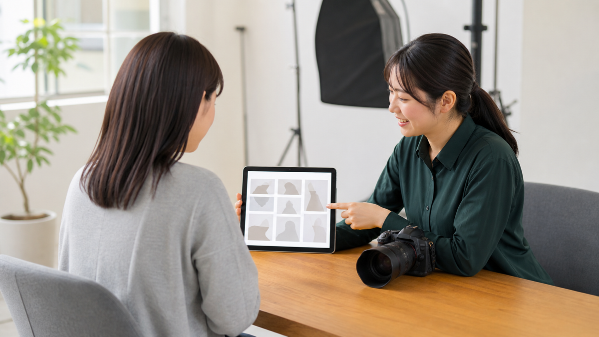 顔出し範囲に配慮した写真を撮影者と確認する様子
