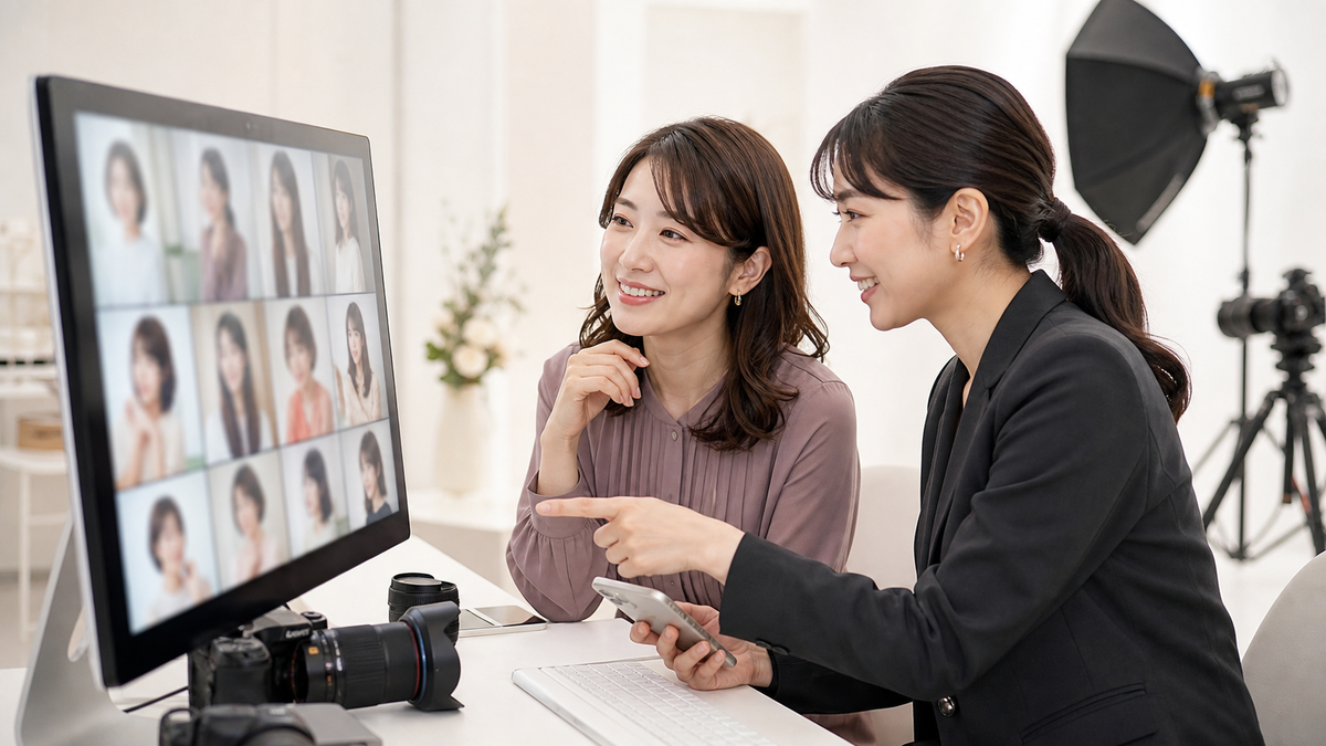 写メ日記のお礼投稿に合わせる写真を撮影スタッフと選ぶ女性