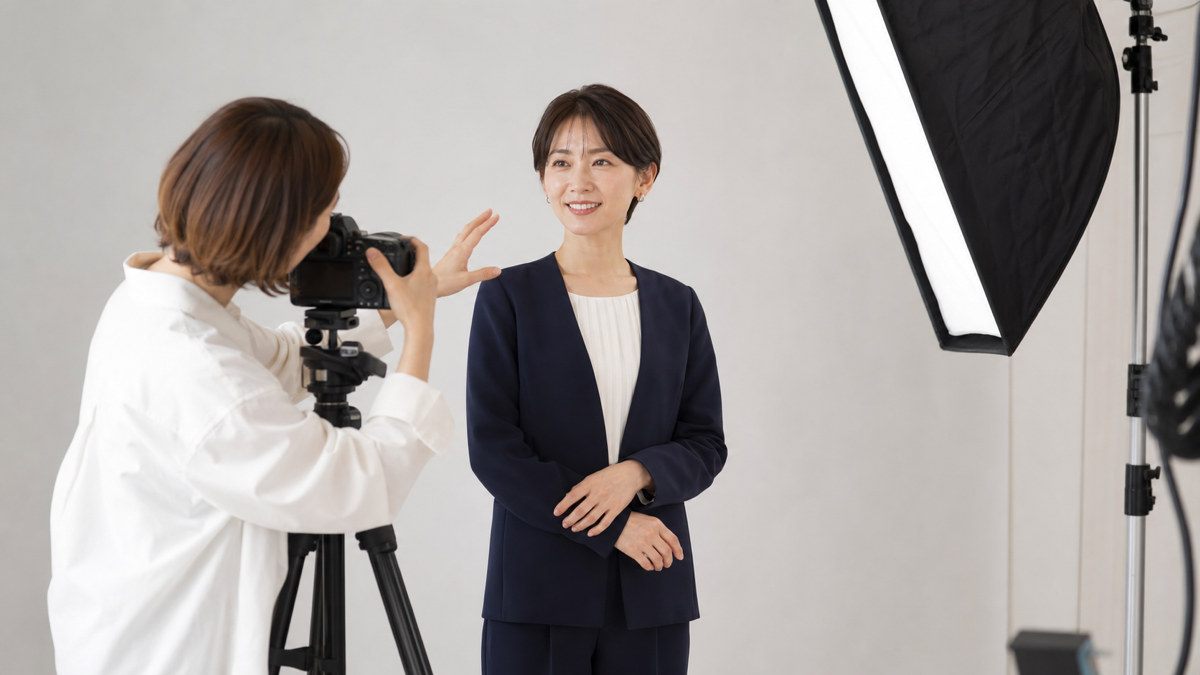 写メ日記に使う自然な写真をスタジオで撮影する女性