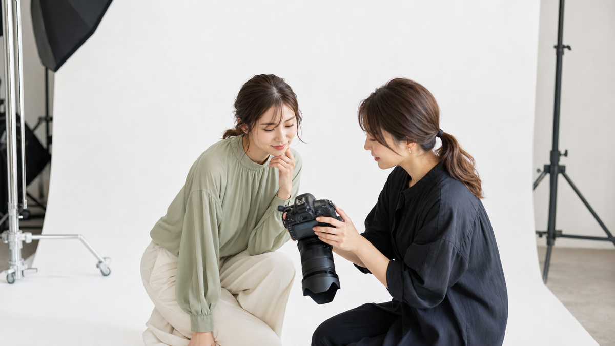 継続的な写メ日記更新に使う写真を撮影後に確認する女性