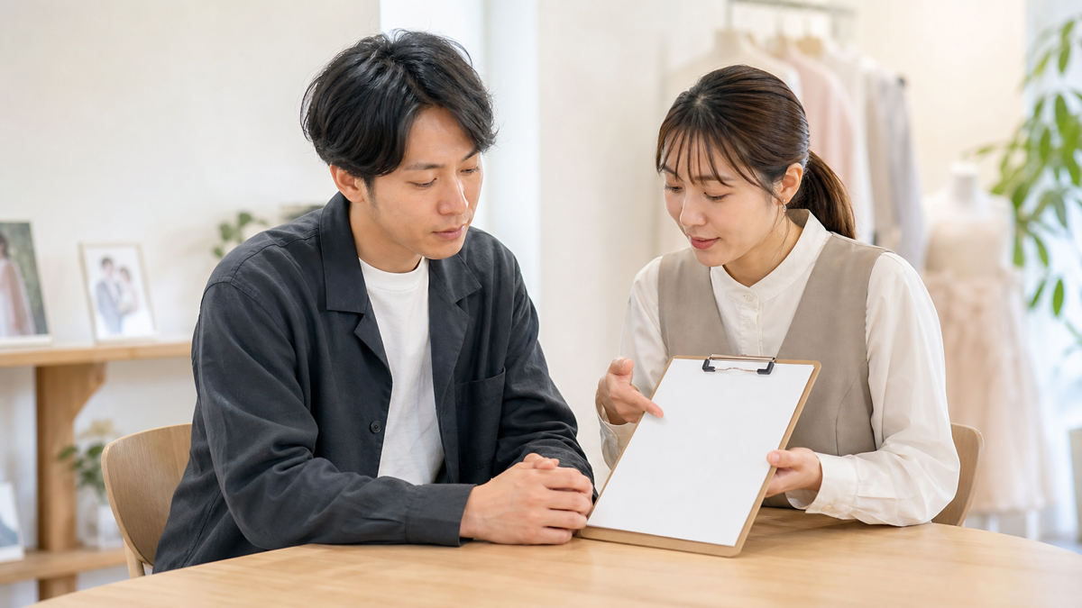 撮影プランに含まれる内容をスタッフと確認する男性