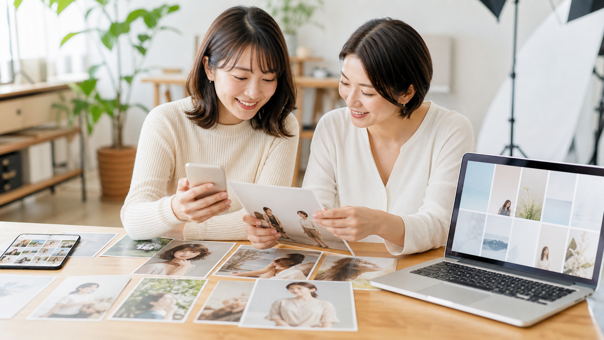 自撮りとプロ撮影の写真を組み合わせて投稿計画を立てる様子