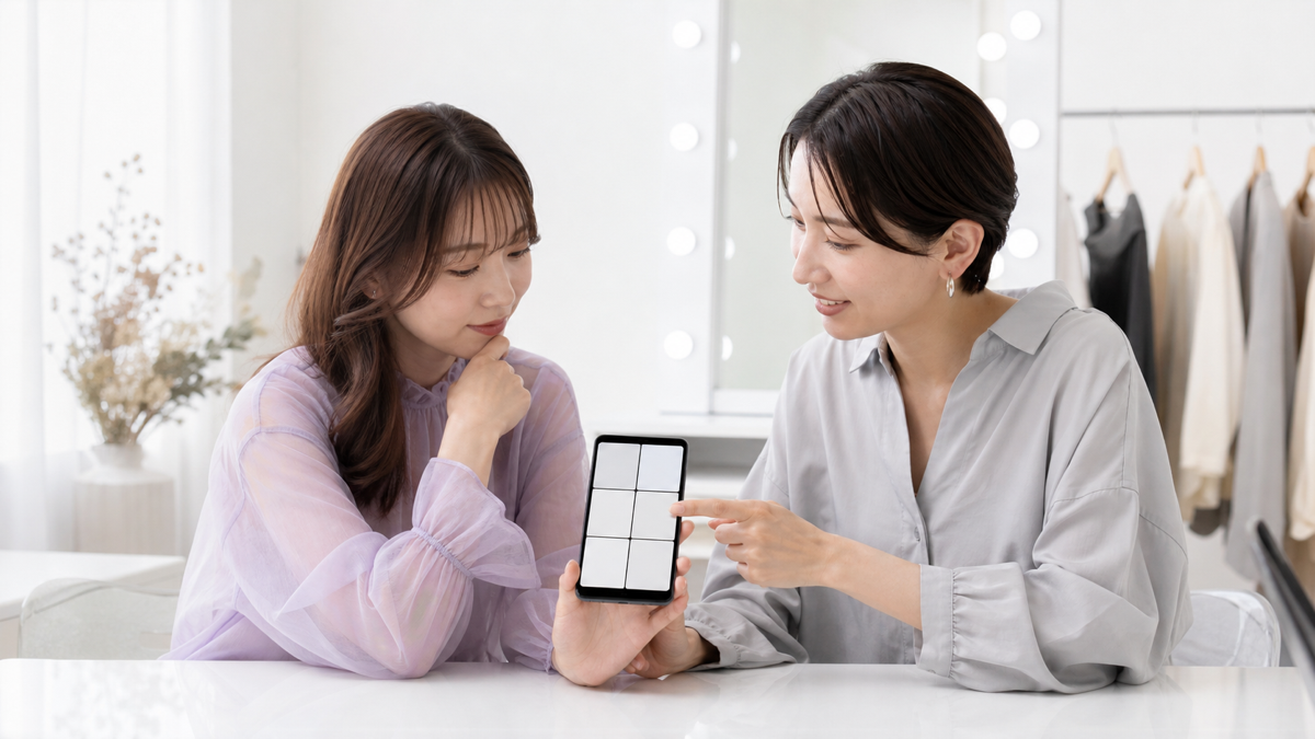 写メ日記の更新頻度と写真候補を確認する女性とスタッフ