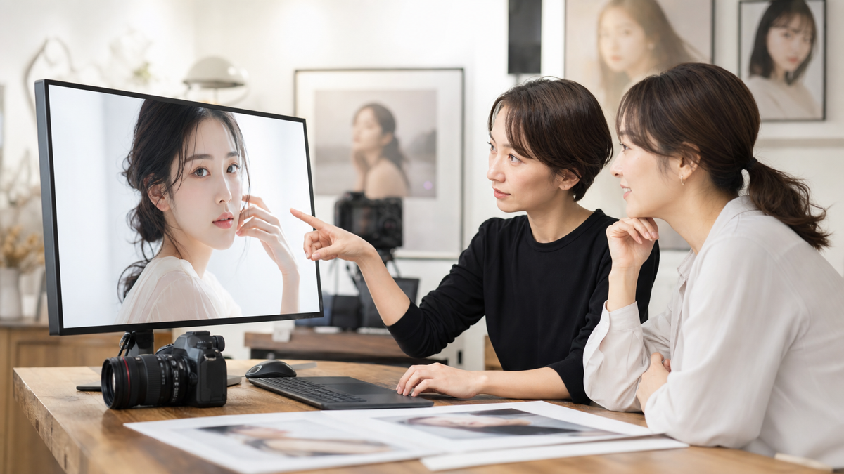 プロフィール写真の自然な修正範囲を確認する女性