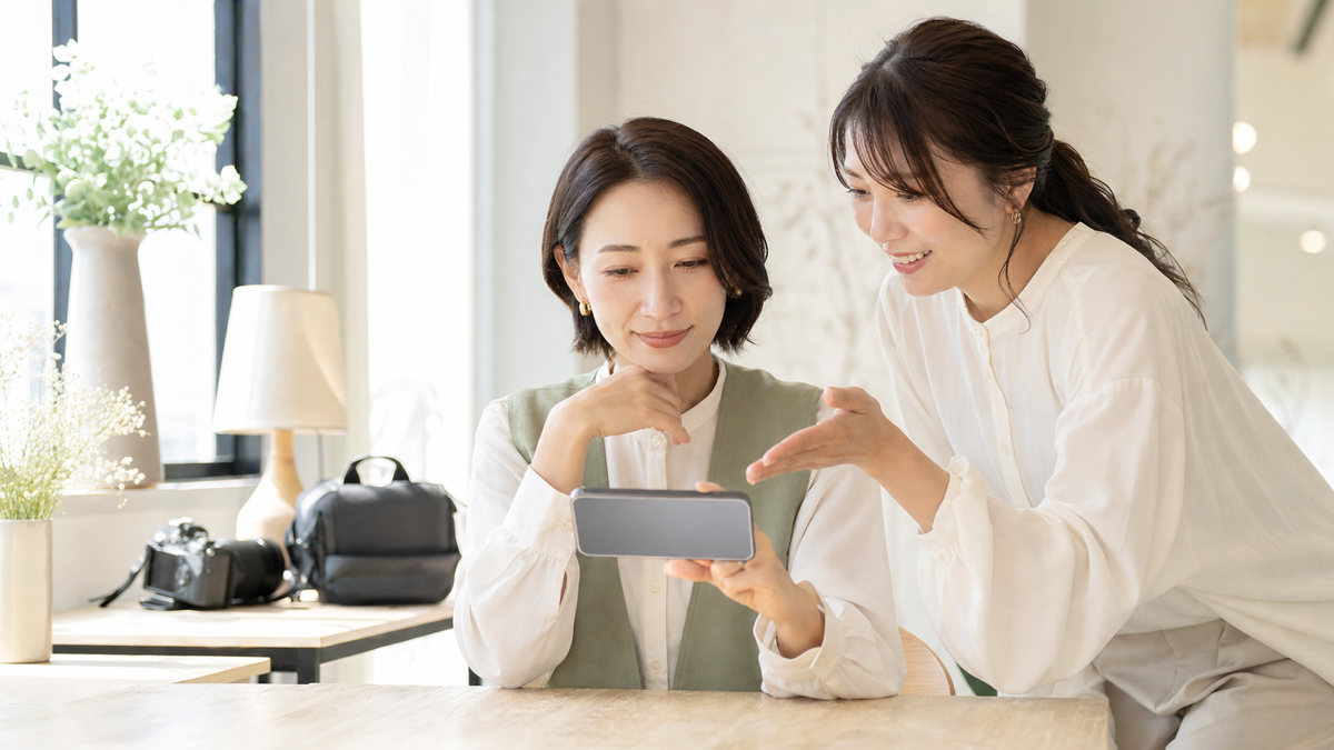 撮影したスマートフォン動画をスタッフと確認する様子