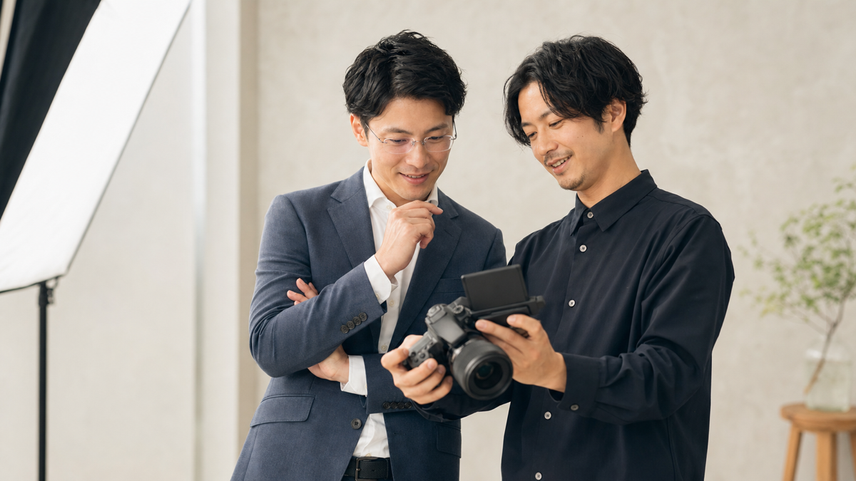 婚活写真のメガネと目元をカメラ画像で確認する男性