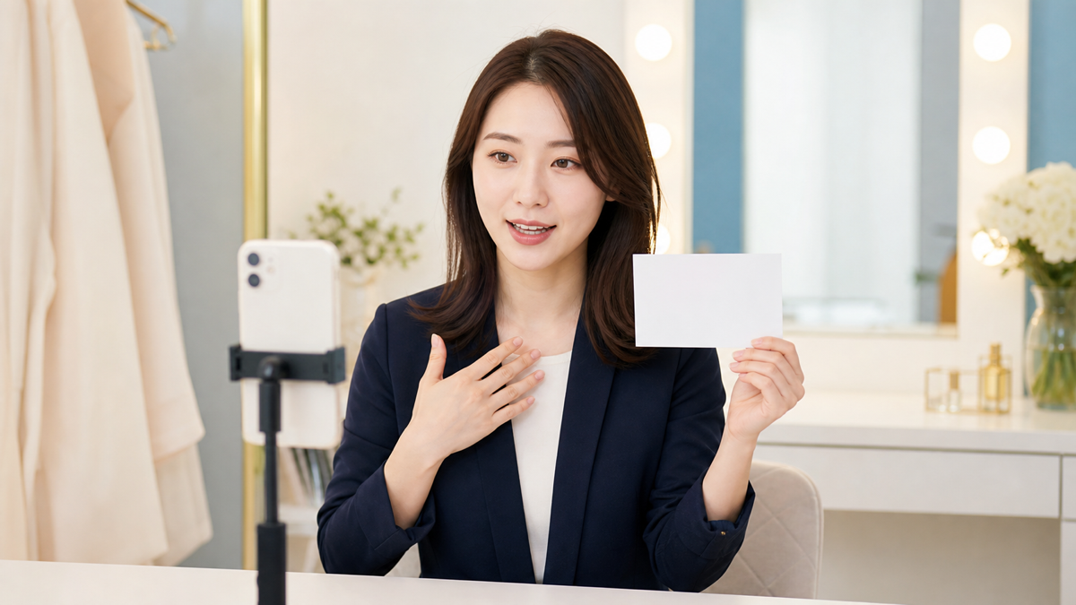 短い話す内容を準備してスマートフォン動画を撮影する女性