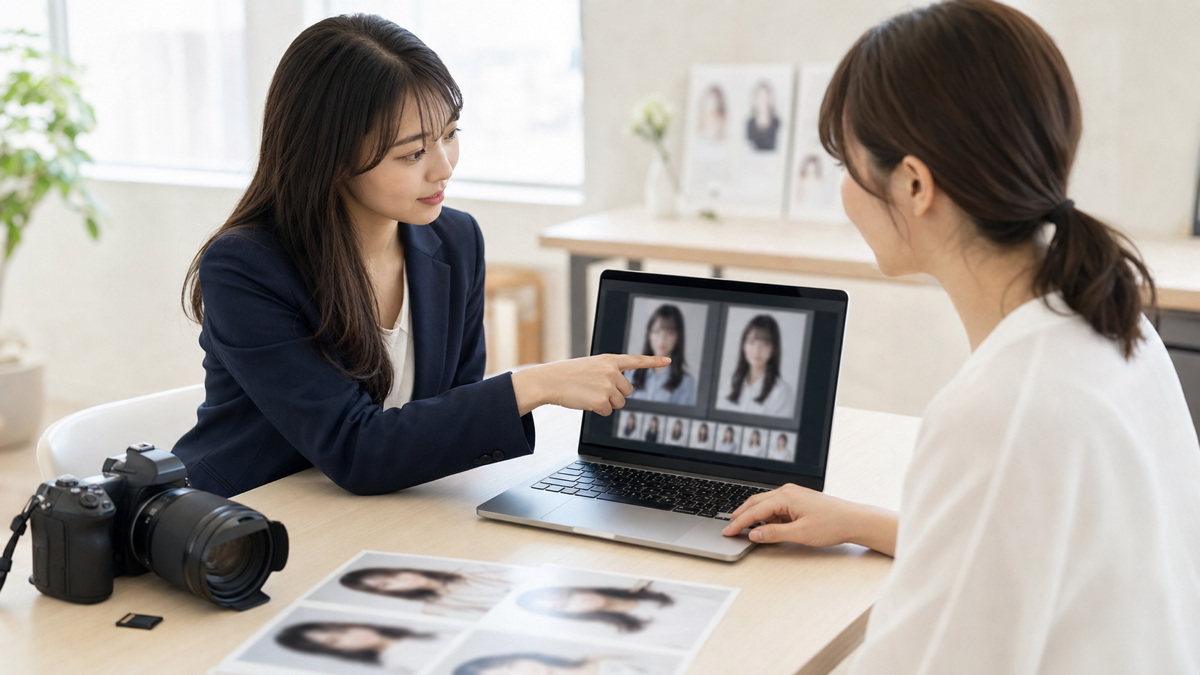 応募用オーディション写真をパソコンで選ぶ女性と撮影スタッフ