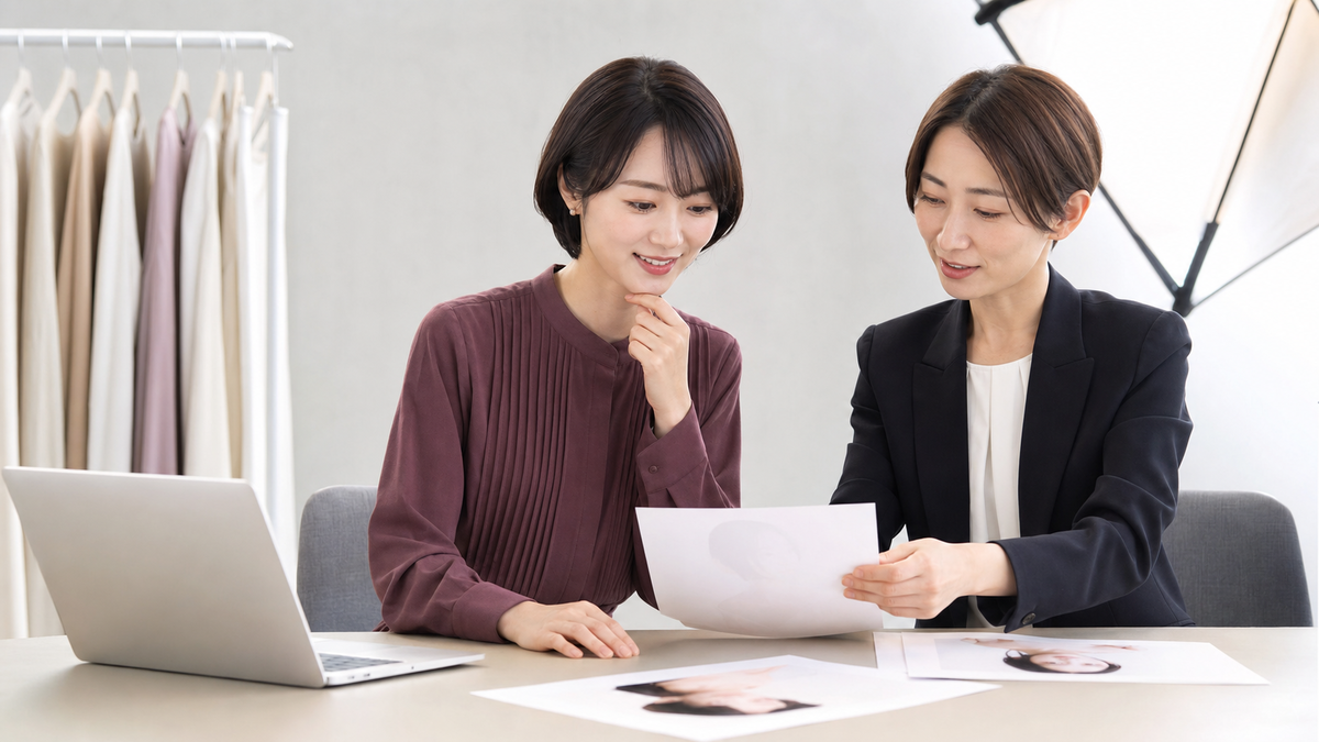 撮影後にオーディション写真をスタッフと選ぶ女性