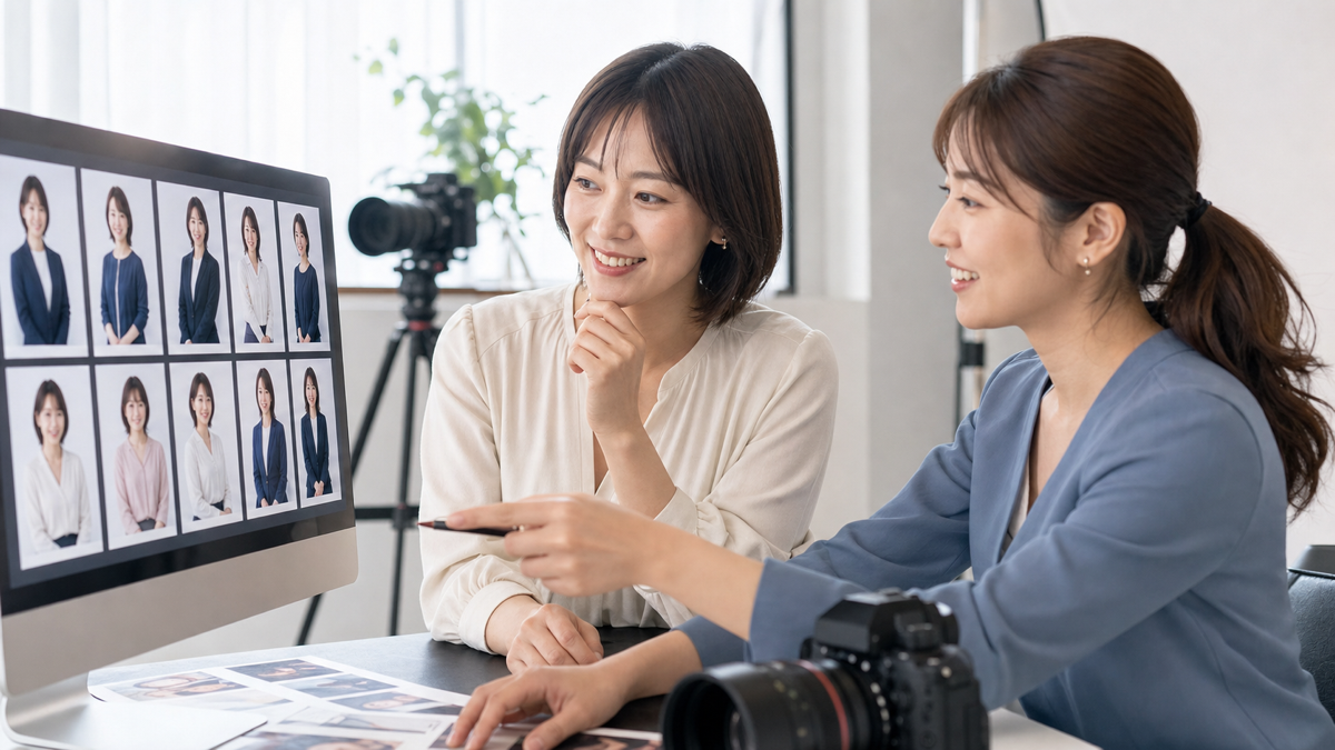 用途別のプロフィール写真をモニターで確認する女性