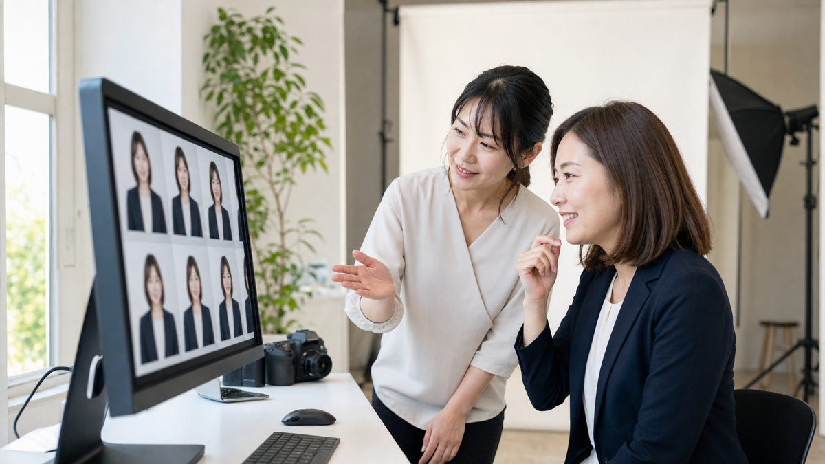 パネル撮影後にモニターで写真を選ぶ女性とスタッフ
