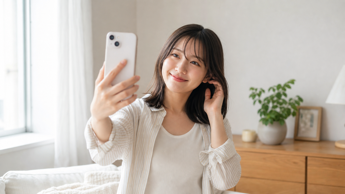 明るい窓辺で写メ日記用の自撮りをする女性