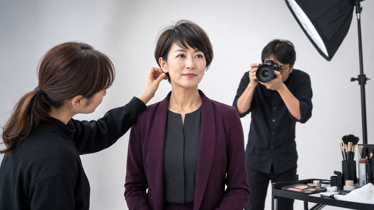 大阪のスタジオでヘアメイクを整えて宣材写真を撮る女性