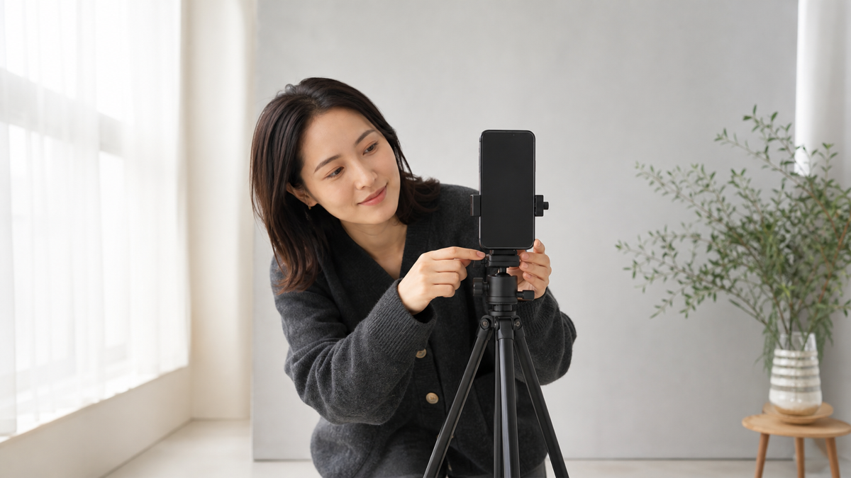 スマートフォンを目線の高さに固定して動画撮影を準備する様子