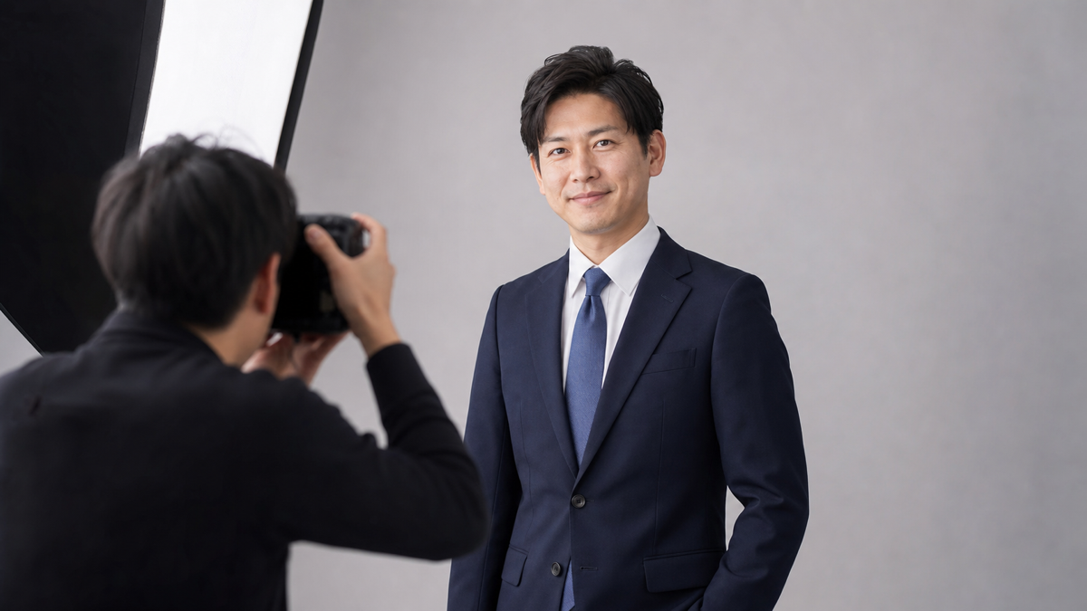 ネイビースーツとブルーのネクタイで婚活写真を撮る男性