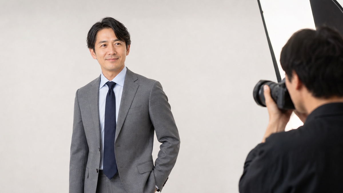 淡いブルーのシャツで婚活プロフィール写真を撮る男性