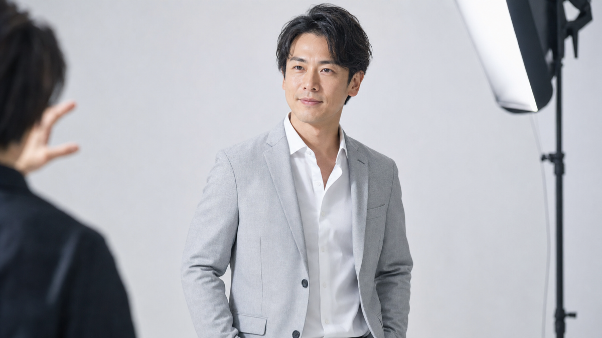 ライトグレーのジャケットで夏の婚活プロフィール写真を撮る男性