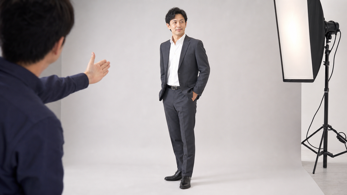 控えめな小物で婚活プロフィール写真を撮影する男性