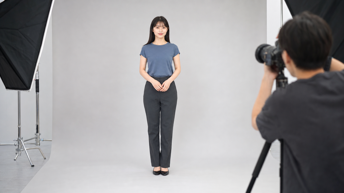 大阪の写真スタジオで全身のオーディション写真を撮影する女性