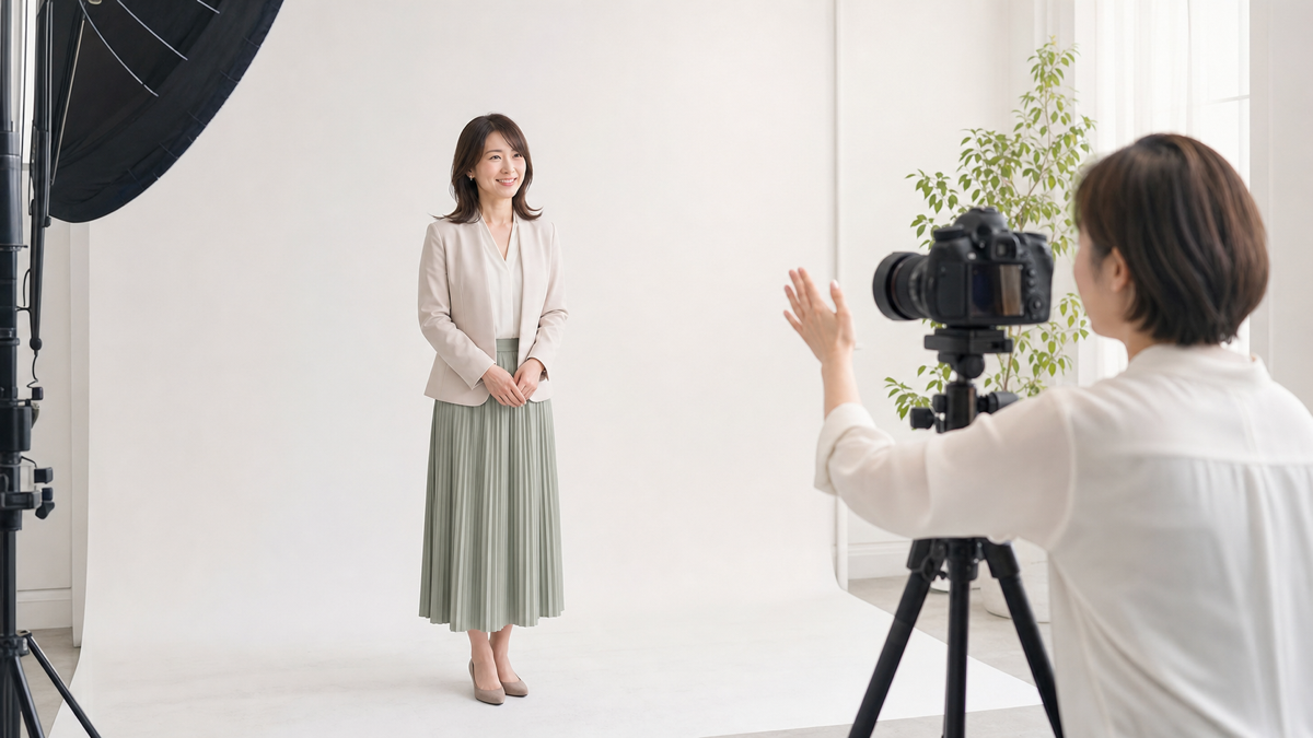 大阪の明るいスタジオでパネル写真を撮影する女性