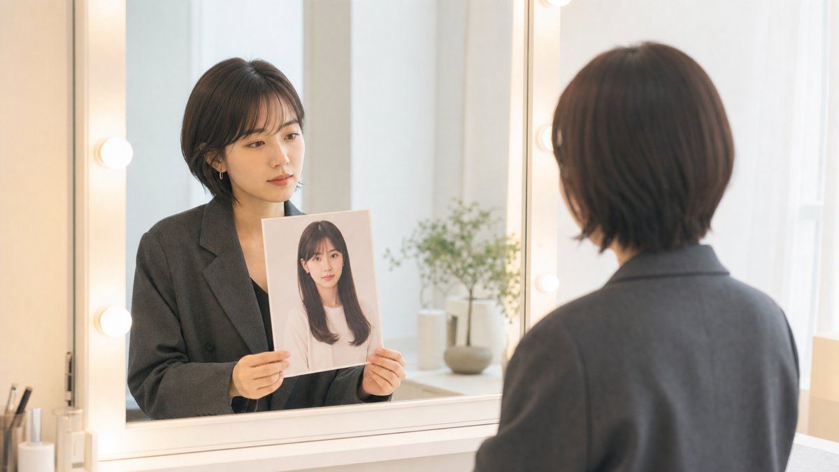 現在の髪型と古いオーディション写真を鏡で比較する女性