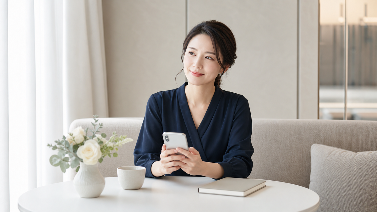 状況別の写メ日記お礼例文をスマートフォンで考える女性