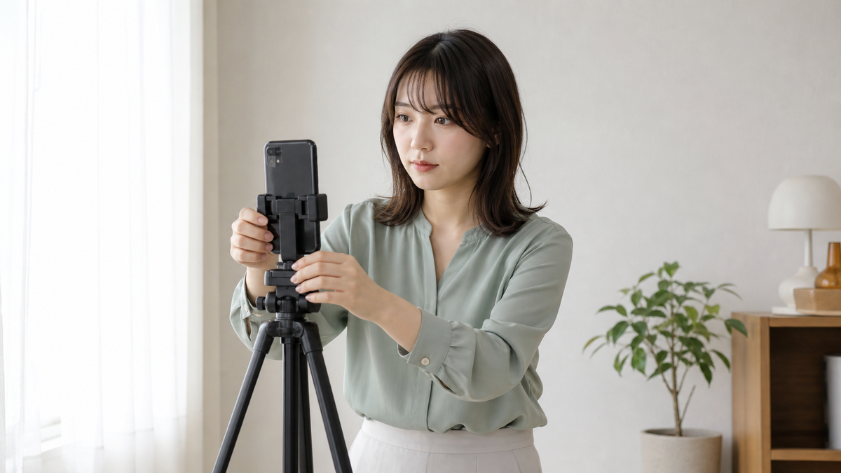 スマホを三脚に固定してオーディション写真を準備する女性