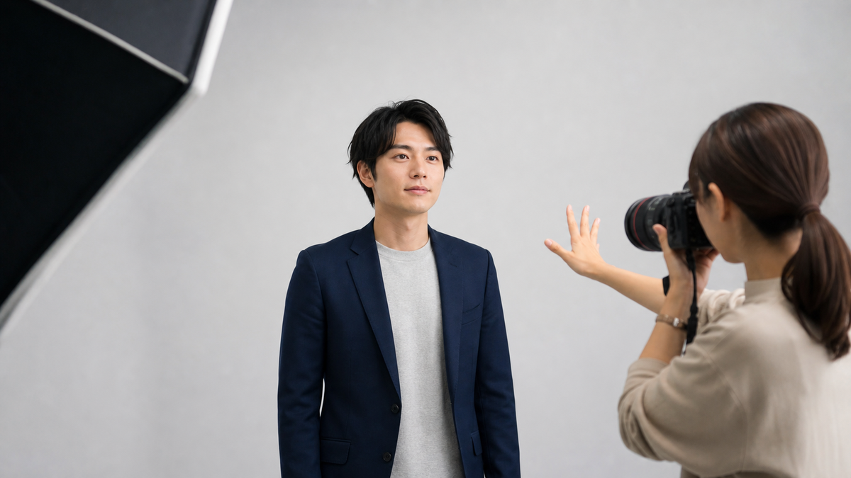 スタジオで撮影者の指示を受けるオーディション応募者