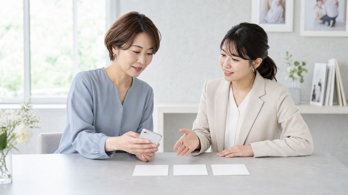 写メ日記を投稿する3つの時間帯を相談する女性とスタッフ